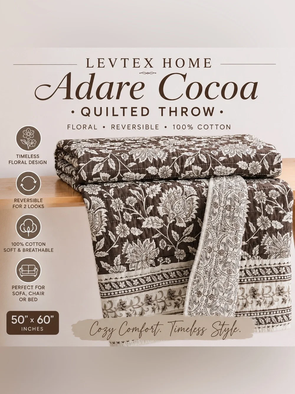 Levtex Home Adare Cocoa Quilted Throw 50x60 Reversible Floral Cotton NWT
